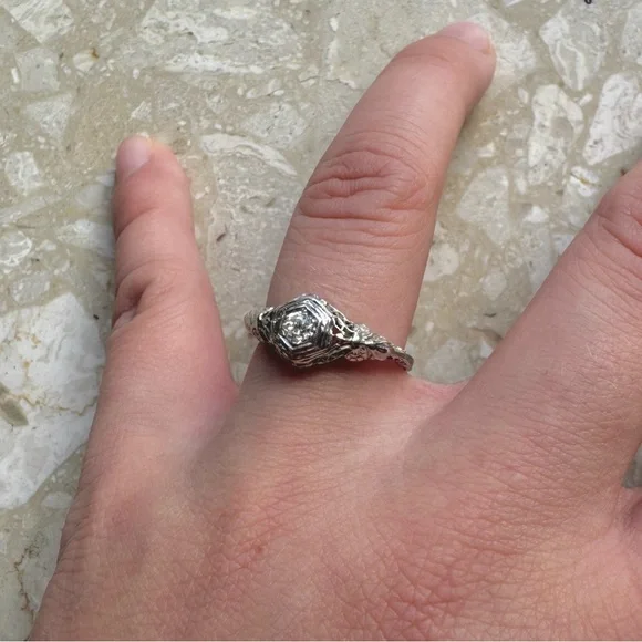 Antique Filigree 14k White Gold Old Mine Cut Diamond Engagement Ring - Picture 10 of 16